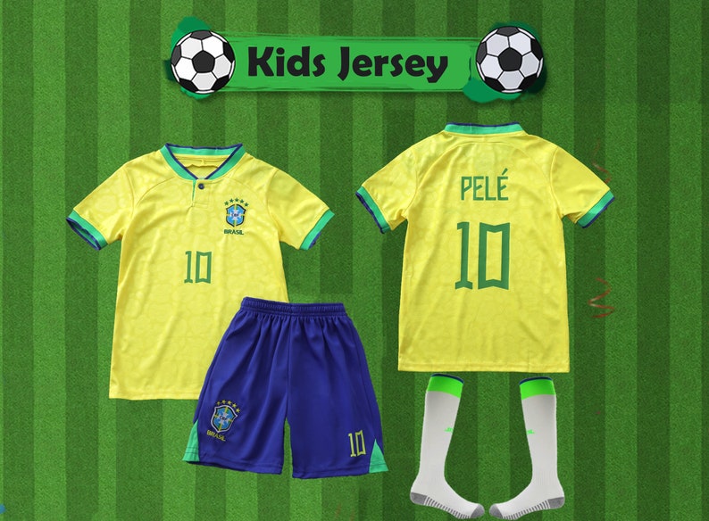 Brazil Kids Set,Soccer Uniform,Brazil Jersey & Shorts,Brasil 2022 Home Jersey,Brazil 2022 PELE Home Kids Soccer Uniform Jersey Shorts Socks image 1