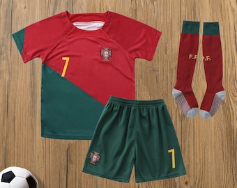 Portugal 2022 Ronaldo Kids Soccer Uniform Jersey  Boys Girls,Youth Soccer Fan Ronaldo Jersey Portugal No 7 Sports Jersey Shirt Free Shorts