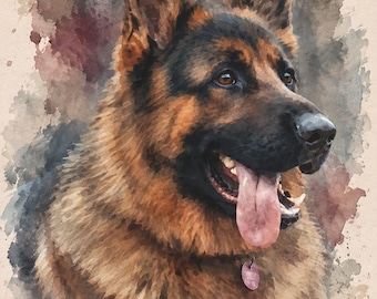 May include: A watercolor-style portrait of a German Shepherd dog with black and tan fur, pointed ears, and an open mouth with a visible tongue. A smaller, original photographic reference of the same dog is inset in the bottom right corner.