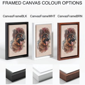 May include: Three framed canvas prints of a German Shepherd dog with a watercolour background. The frames are shown in black, white, and brown wood.