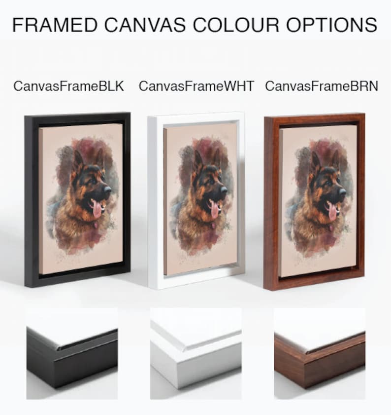 May include: Three framed canvas prints of a German Shepherd dog with a watercolour background. The frames are shown in black, white, and brown wood.