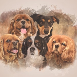 May include: A watercolor painting of five dogs. Four of the dogs are Cavalier King Charles Spaniels, and one is a black and tan dog. The dogs are all looking at the camera.