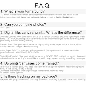 May include: A frequently asked questions (FAQ) section about digital files, canvas prints, and framed prints. The text explains the differences between each option and includes information about shipping and turnaround times.