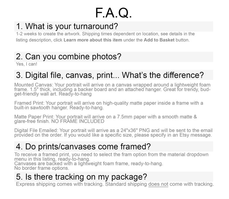 May include: A frequently asked questions (FAQ) section about digital files, canvas prints, and framed prints. The text explains the differences between each option and includes information about shipping and turnaround times.