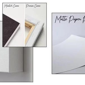 May include: A white canvas print with the text "Canvas" in black. The print is mounted on a wooden frame. The image shows the side of the print, revealing the wooden frame and the canvas texture. The print is also available in a matte paper version.