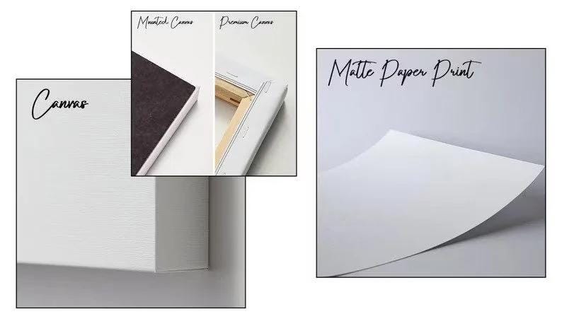 May include: A white canvas print with the text "Canvas" in black. The print is mounted on a wooden frame. The image shows the side of the print, revealing the wooden frame and the canvas texture. The print is also available in a matte paper version.