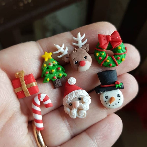 Christmas studs set fimo clay polymer clay cute kawaii santa tree snowman candy canes present reindeer earrings christmas jewels jewellery