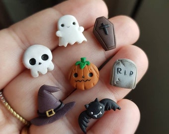 Halloween earrings set studs fimo clay kawaii ghost rip pumpkin bat witch's hat horror jewels gift for girl theme halloween party lovers