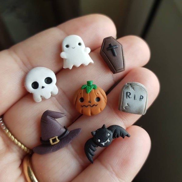 Halloween earrings set studs fimo clay kawaii ghost rip pumpkin bat witch's hat horror jewels gift for girl theme halloween party lovers