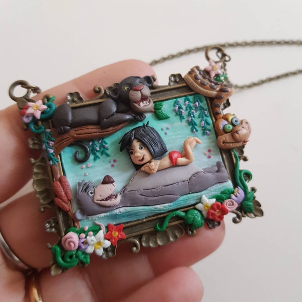 Collier camée livre de la jungle Baghera pendentif baloo mowgly fimo