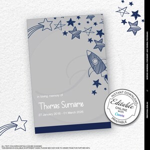 May include: A printable memorial card with a blue rocket and stars on a gray background. The text reads "In loving memory of Thomas Surname 27 January 2016 - 01 March 2026".