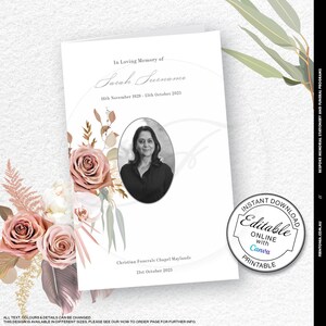 Modifiable, carte funéraire, floral, fleurs séchées, commémoration, ordre d'office, célébration de la vie, programme de nécrologie, programme commémoratif, Sarah