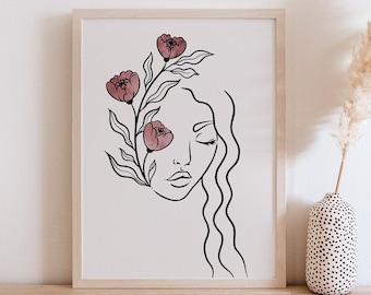 Line Art Print vrouw: gezicht met bloemen, boho-decor (digitale download)