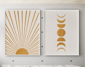 Sonne und Mond Phasen Art Print Boho Dekor 2er Set, Gelb und Beige Mid Century Modern druckbare Kunst Wand Dekor, Sonne und Mond Kinderzimmer Dekor