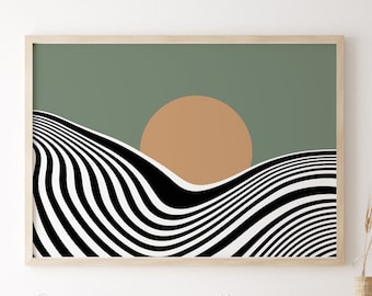 Impresión artística de un paisaje de atardecer moderno de mediados de siglo (descarga digital)