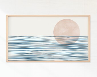 Arte moderno de mediados de siglo con atardecer en el océano para televisor Samsung Frame (descarga digital)