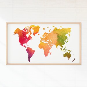 May include: A watercolour world map print in a light wood frame. The map is painted in shades of red, orange, yellow, and green.
