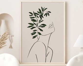 Abstract Woman Line Art Print: Boho Green Leaves (Digital Download)