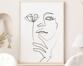 Line Art Woman With Flower, Floral Woman Line Drawing, Line Art Face Boho Decor, Minimalist Printable Wall Decor, Black & White Wall Art