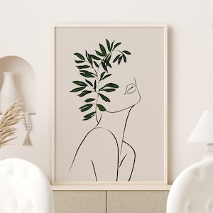 Abstraktes Line Face, Line Art Frau, Neutrale Farben Wandkunst, Minimal Wall Decor, Boho druckbare Kunst, Grüne Kunstdruck, Frau und Blätter