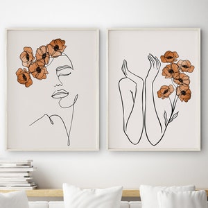 Woman & Flowers Line Art Wall Decor Set of 2, Abstract Face and Flowers Printable Art, Burnt Orange Boho Decor, Female Arms Line Art Poster