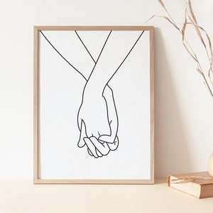 Couple&#39;s Hands Black and White Line Drawing, Lovers Hands Printable Art, Minimalist Holding Hands Line Art Wall Decor, Valentine&#39;s Day Gift