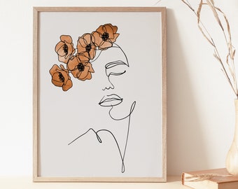 Grafika liniowa Boho Woman: Kwiaty w kolorze spalonej pomarańczy (pobranie cyfrowe)