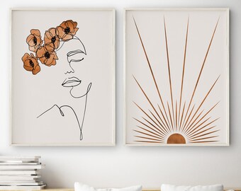 Conjunto de impresiones artísticas abstractas de atardecer y rostro: Decoración minimalista bohemia (descarga digital)