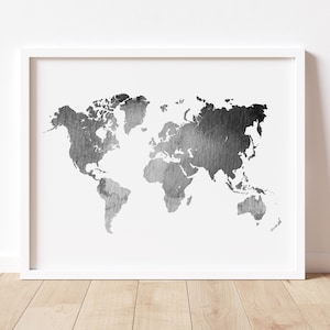 Weltkarte schwarz und weiß druckbare Kunst, große Aquarell Reise Karte Wandkunst, Weltkarte Kunstdruck, Wanderlust Geschenkidee, Minimal Decor