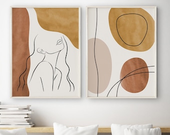 Conjunto de láminas de arte lineal con mujeres: tonos tierra bohemios, estilo moderno de mediados de siglo (descarga digital)
