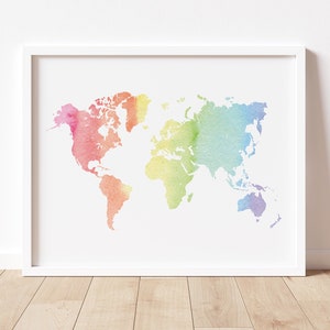 Mapa mundi imprimível em cores do arco-íris, grande mapa de viagem em aquarela, arte de parede, ideia de presente de desejo de viajar, decoração de parede de berçário, decoração de sala de jogos