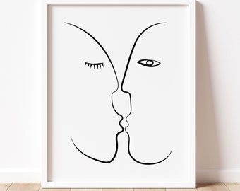 Abstract Line Art Kiss, Couple Kiss Line Art, Minimalist Lovers Printable Art, Black & White Couple Kiss Line Drawing, Valentines Day Gift