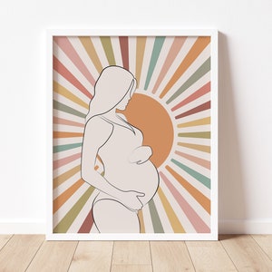 Pregnant Woman art, Gender Reveal Decoration, Baby Shower Decor, Pregnant Mom Mothers Day, Baby Announcement, Colorful Sun, Boho Decor