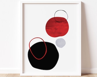 Red Mid Century Modern Art Print, Geometric Printable Art, Abstract Organic Shapes Wall Art, Red and Black Watercolor Print Minimal Decor