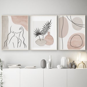 Line Art Mid Century Modern Gallery Wall Set of 3, Woman Line Art Printable Wall Decor, Abstract Botanical Neutral Colors Poster Boho Decor