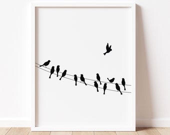 Birds on Wire Art Print, Birds Wall Art, Birds on Wire Printable Art, Minimalist Illustration, Black and White Art, Nursery Decor