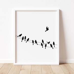 Birds on Wire Art Print, Birds Wall Art, Birds on Wire Printable Art, Minimalist Illustration, Black and White Art, Nursery Decor