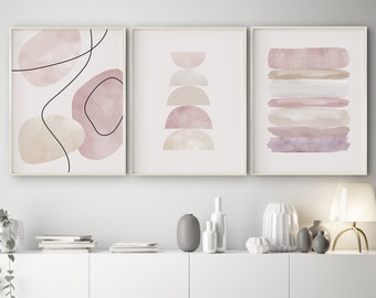 Impresiones de arte mural de galería geométrica abstracta: rosa ruborizado, estilo moderno de mediados de siglo (descarga digital)