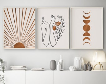 Conjunto de arte mural de galería de mediados de siglo: Mujer, flores, sol y luna (descarga digital)
