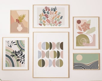 Galería de pared moderna de mediados de siglo: Láminas de arte botánico abstracto (juego de 6) (Descarga digital)
