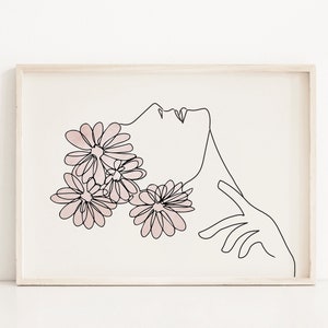 Frau Line Art Printable, Frau Gesicht und Blumen Linie Zeichnung, weibliches Gesicht und Blumen Boho Kunst, minimalistische neutrale Farben Art Print