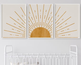 Sonne Mid Century moderne druckbare Kunst Wanddekor-Set von 3, gelber Sonnenuntergang minimalistisches Kinderzimmer-Dekor Wandkunst, abstrakte Sonnenkunst-Druck Boho-Dekor