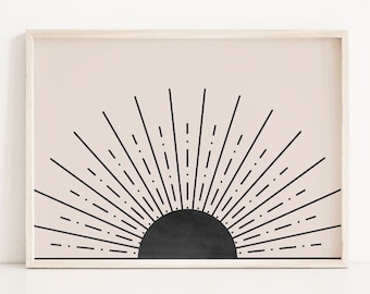 Mid Century Modern Sun Art Print: Black Sunset Minimalist Wall Decor (Digital Download)