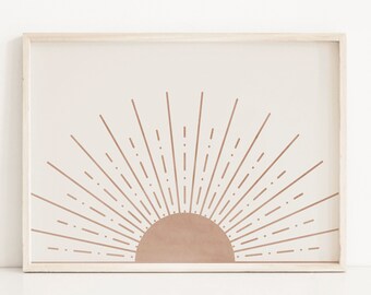 Mid Century moderne druckbare Kunst Wanddekor, abstrakte Sonne Kunstdruck Boho Dekor, horizontale beige Sonnenuntergang minimalistisches Plakat Wandkunst