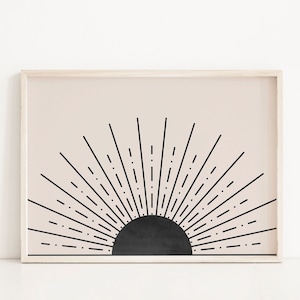 Stampa artistica Mid-Century Modern Sun: decorazione murale minimalista con tramonto nero (download digitale)