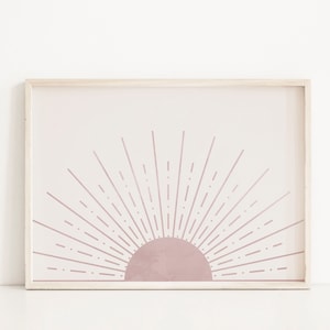 Mid Century Modern Printable Art Wall Decor, Abstract Sun Art Print Nursery Decor, Horizontal Blush Pink Sunset Minimalist Poster Wall Art