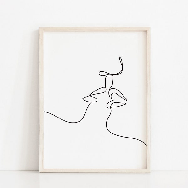 Lovers Kiss Printable Art noir et blanc, un dessin au trait baiser, baiser minimaliste dessin à la main Art mural, décor Boho de chambre à coucher du Couple