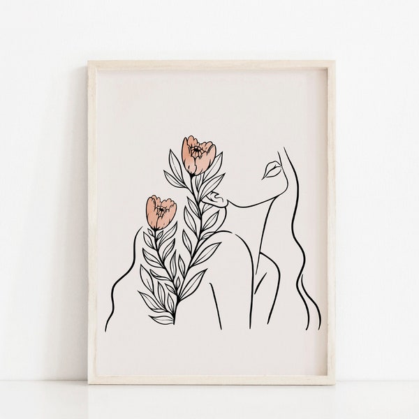 Woman with Flowers Line Art Print, Female Face Neutral Colors Wall Decor, Face and Flowers Wall Art, Light Orange Printable Art Boho Decor