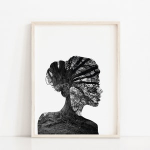 Tree of Life Photography, Black and White Nature Photography, Mother Nature Illustration Minimalis Wall Art, Female Face and Tree Boho Decor