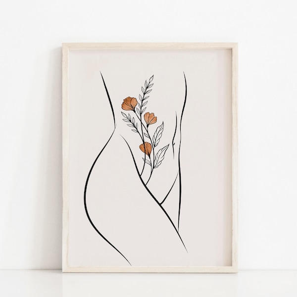 Stampa artistica astratta con linee del corpo di donna: decorazione floreale con tatuaggio boho (download digitale)